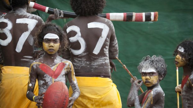 Members of the Gumatj clan show their support of Adam Goodes at the Garma Festival in northeast Arnhem Land.