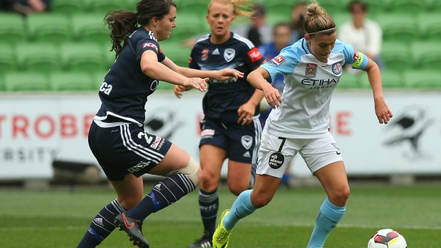 Melbourne City's Stephanie Catley on the way to City's 3-0 defeat of Melbourne Victory on Sunday.