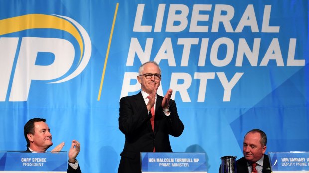 Prime Minister Malcolm Turnbull acknowledges the crowd after his speech to the LNP state convention in Brisbane on Saturday.
