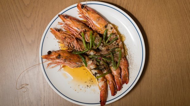 Grilled prawns with kelp butter and sea lettuce.