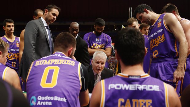 Sydney coach Andrew Gaze talks tactics during the Kings round two win over the lllawarra Hawks.