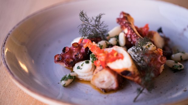 'Polpo' – charred, grilled octopus with dollops of white bean puree and 'nduja crumbs.
