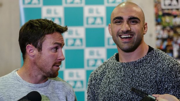 Pay up: Tim Mannah and James Maloney speak at the The Rugby League Players Association (RLPA) mass player meeting.