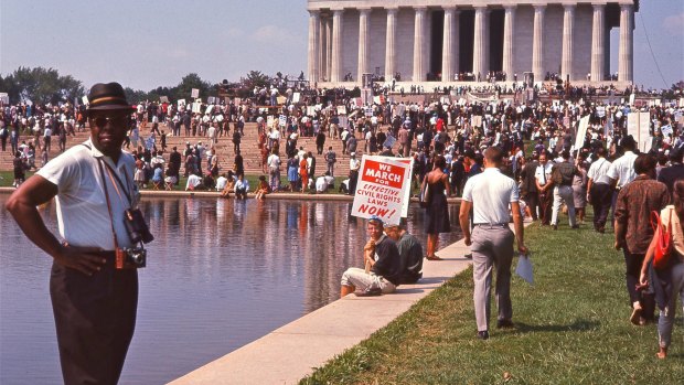Protesters gather at the Lincoln Memorial to march on Washington.