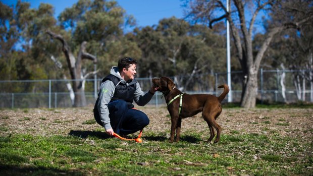 Franklin resident Sharyn Butts with her dog River at the O'Connor dog park, one of few areas in Canberra where dogs are allowed off-leash.