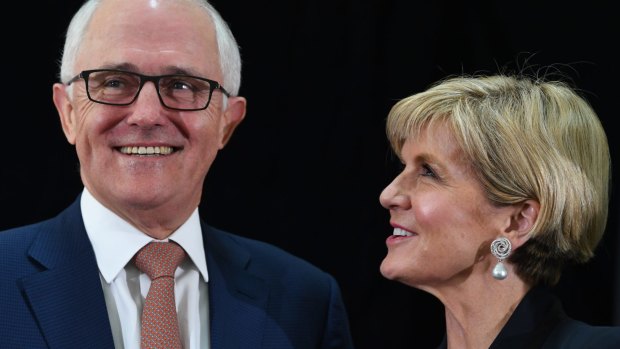 Malcolm Turnbull and Julie Bishop during the official launch of the 2017 Foreign Policy White Paper at the Department of Foreign Affairs and Trade in Canberra.