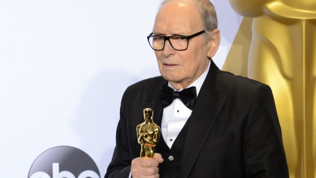 Ennio Morricone after winning the Oscar for Best Original Score on <i>The Hateful Eight</i>.
