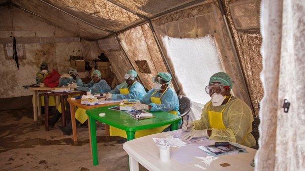 Health care workers at the Kenema Government Hospital in Sierra Leone.