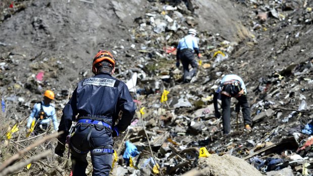 French emergency services at the crash site of the Germanwings jet in Seyne-les-Alpes in March  last year.