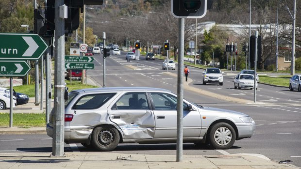 The scene of a two-car crash on the corner of Northbourne Avenue and Wakefield Avenue.