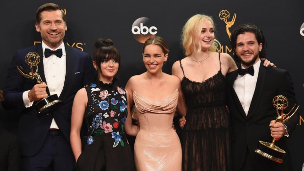 Game of Thrones cast members at the Emmys (from left) Nikolaj Coster-Waldau, Maisie Williams, Emilia Clarke, Sophie Turner and Kit Harington.