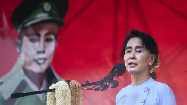 Myanmar pro-democracy leader Aung San Suu Kyi at a rally on Sunday.