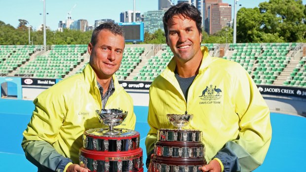 Lleyton Hewitt and Pat Rafter pose for pictures on the day that Hewitt was announced as Davis Cup captain.
