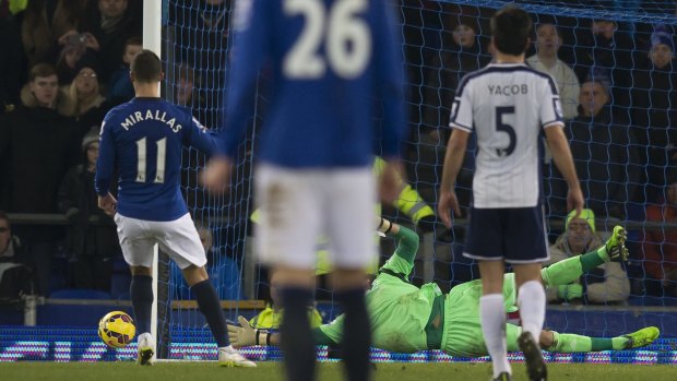 Everton's Kevin Mirallas misses a penalty.