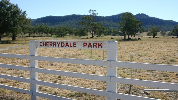 The farm gate sign at Cherrydale Park, the Obeid family property, with Mt Penny in the background. 