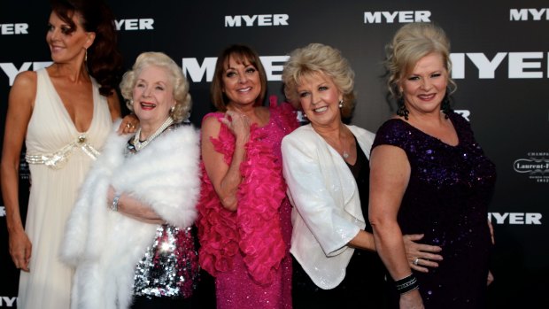 Val Jellay, second left, with Rhonda Burchmore, Denise Drysdale, Patti Newton and Collette Mann in 2011.
