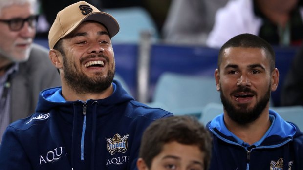Blues brothers: Jarryd Hayne and Nathan Peats, in camp before Origin II, turned up to support their Titans teammates.