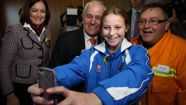 Mr Turnbull met CFA volunteers Darcy and her dad John Zaina when he attended the breakfast meeting with local MP Sarah Henderson on Thursday.
