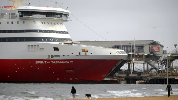 The Spirit of Tasmania II at the Port Melbourne Pier after being damaged by strong winds on Wednesday.