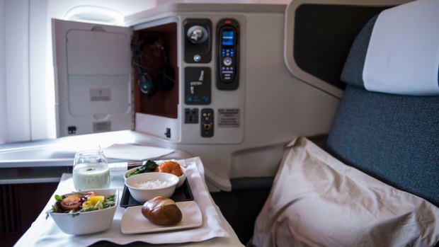 An in-flight meal served on Cathay Pacific business-class.