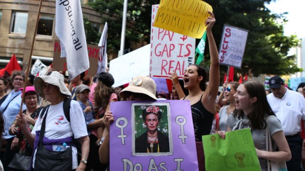 Women at a rally in Hyde Park coinciding with International Women's Day earlier that week on March 11, 2017, in Sydney, Australia. 