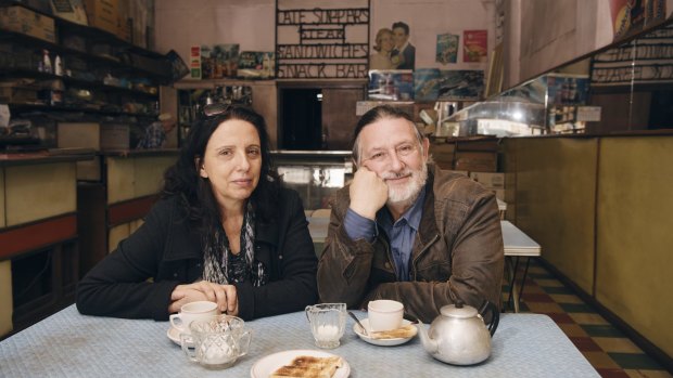 Authors Leonard Janiszewski and Effy Alexakis have tea at inner-Sydney’s Olympia Cafe.