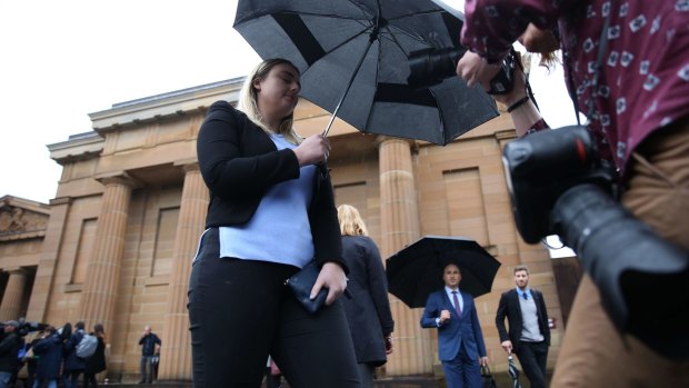 Jessica McNamara, here seen outside the court, apparently blew kisses to her father during the sentencing. 