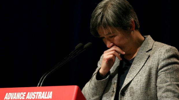Senator Penny Wong becomes emotional during the Labor debate.