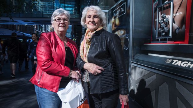 Teresa Burns, from Roselands with Joann Sanfilippo, 73, from Bankstown, enjoy some shopping at the Pitt Street Mall.
