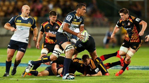 The big man: Rory Arnold of the Brumbies runs the ball during the round two Super Rugby match between the Chiefs and the Brumbies.