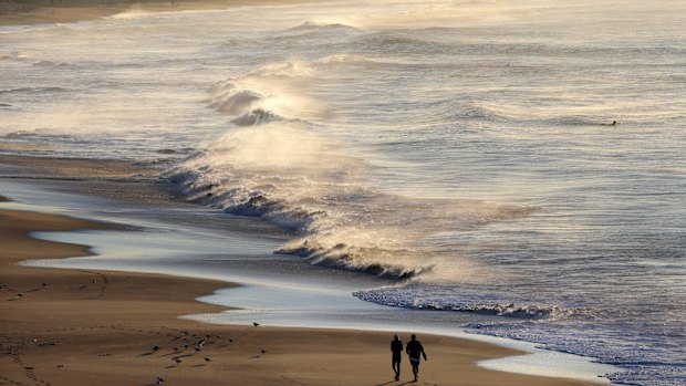 Rise and shiver: Walkers try to warm themselves up at Elouera Beach, Cronulla on Monday, when morning temperatures hit 6 degrees.