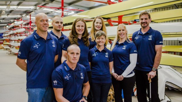 Eight athletes will form Australia's biggest ever Paralympic rowing team in Rio. From left, Brock Ingram, Jeremy McGrath, Kate Murdoch, Davina Lefroy, Jo Burnand, Kathryn Ross, Gavin Bellis and Erik Horrie (front).