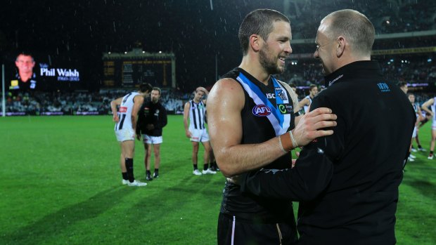 Port Adelaide captain Travis Boak and coach Ken Hinkley after the game.