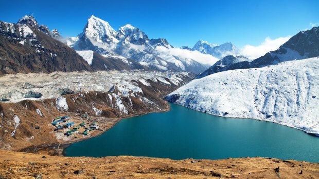 Gokyo lake and Ngozumba glacier in Khumbu Valley, Sagarmatha national park, Nepal.