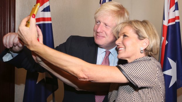 British Foreign Secretary Boris Johnson has a selfie with Australian Foreign Minister Julie Bishop ahead of their bilateral meeting in Sydney.