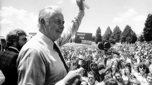 We mourn the loss of a political era in which leaders chose vision: Gough Whitlam addresses a Labor rally in November 1975.