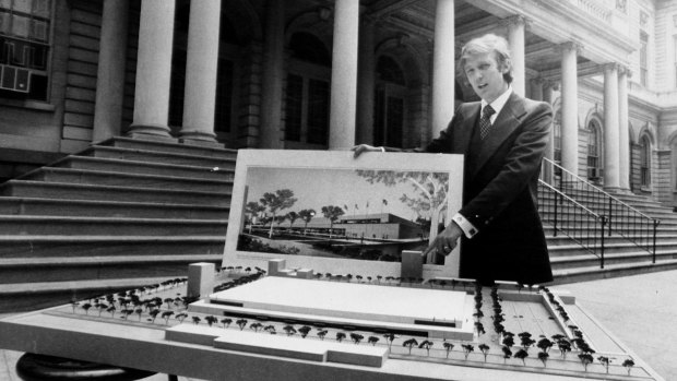 Donald Trump with an architect's model of City Hall Plaza in New York in 1977.