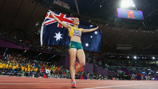 Australia's Sally Pearson celebrates after winning the gold medal in the women's 100m hurdles final at the London 2012 Olympic Games.