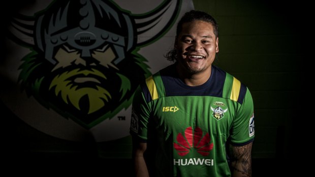 Green machine: Joey Leilua completed his first training session with the Canberra Raiders on Thursday.