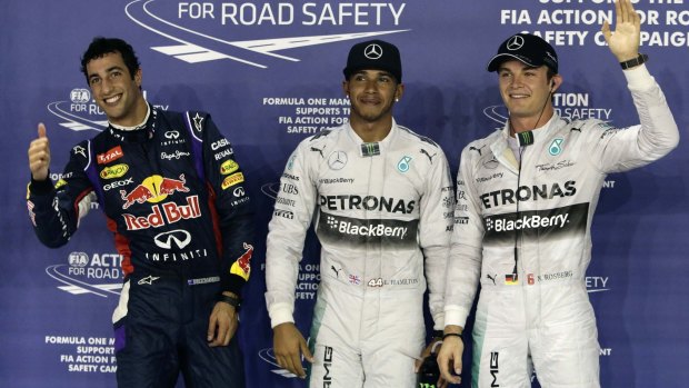 Daniel Ricciardo, Lewis Hamilton and Nico Rosberg after the qualifying session for Sunday's grand prix..