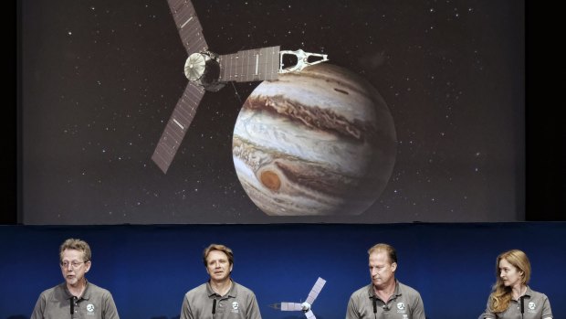 At the Jet Propulsion Laboratory in Pasadena, California, are director, Planetary Science Division, NASA, Jim Green, left; Juno principal investigator, Scott Bolton, second from left; Juno project manager, Rick Nybakken, second from right; Juno radiation monitoring investigation lead, Heidi Becker. 