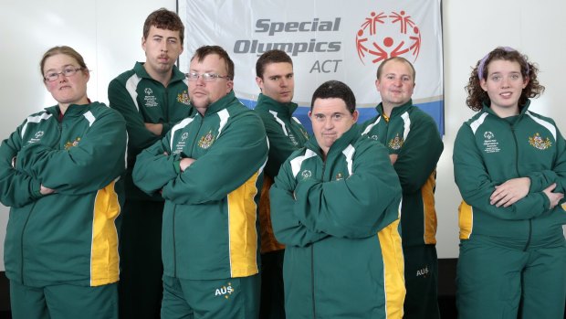 Canberra Special Olympic athletes presented with their uniforms for the World Games in July.  From left: Bronwyn Ibbotson, Jack Lyttleton, Allister Peek, Zachary Spoor, Darren Tait, Liam O'Donnell and Gabrielle Dear.
