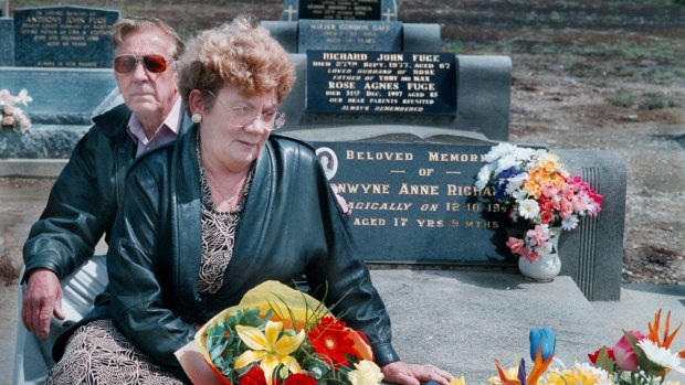 Distressed but relieved: Stan and Noelle Richardson visiting their daughter Bronwynne's grave in 1998, 25 years after her murder.