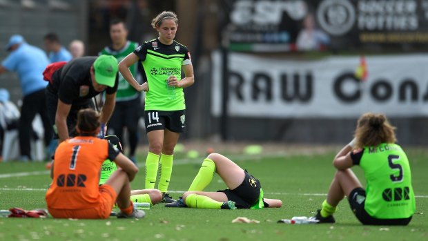 Dejected Canberra United players after their heavy defeat to Sydney FC.