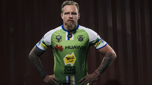 Canberra Raiders five-eighth Blake Austin, wearing the Tour de Cure jersey the team will wear in their game against the Bulldogs on Sunday.