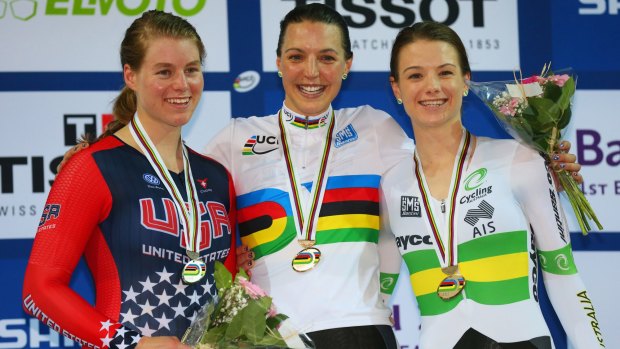 Silver medallist Jennifer Valente of the United States, gold medallist Rebecca Wiasak of Australia and bronze medallist Amy Cure of Australia.