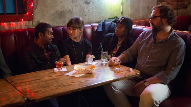 Aziz Ansari and co-stars in Netflix's <i>Master Of None</i>. The series has no "female from a migrant background" voice. 