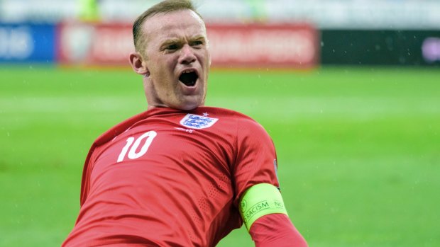 England's Wayne Rooney celebrates his goal.