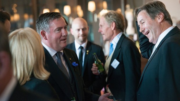 Eddie McGuire and Jeff Browne in the Emirates marquee during Derby Day at Flemington.