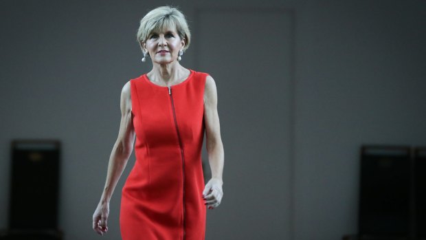 Foreign Affairs Minister Julie Bishop arrives to address the media at Parliament House in Canberra on Tuesday